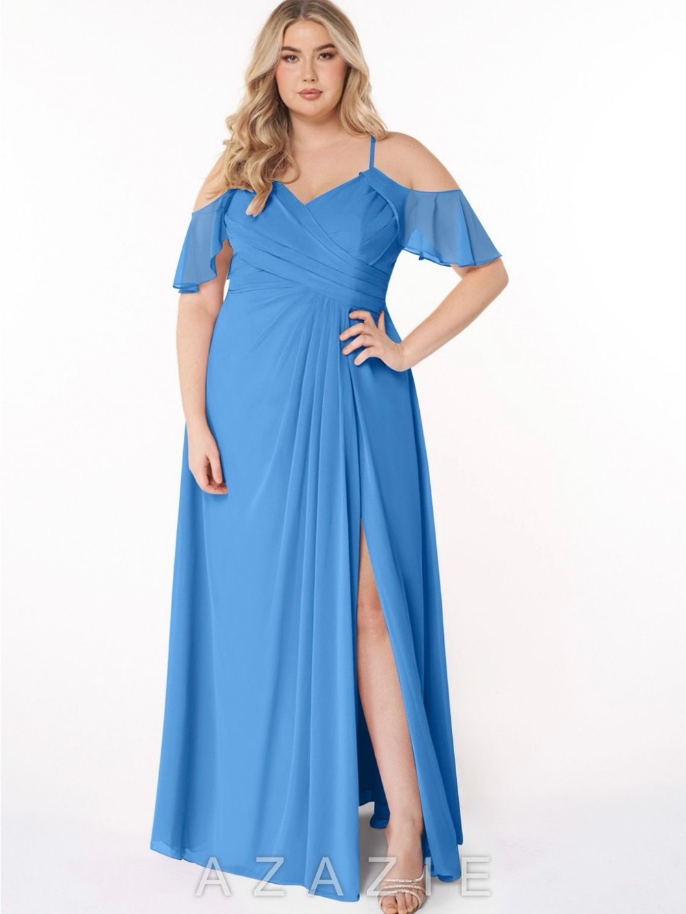 Azazie Dakota Sky Blue Cold-Shoulder Chiffon Maxi Dress